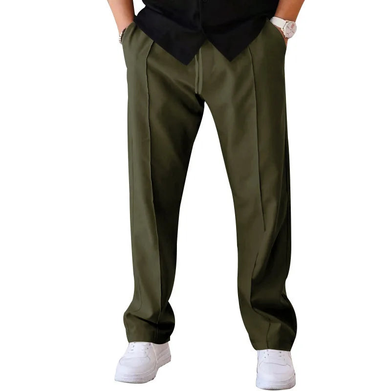 Men Casual LooseStraight Leg Dress Pants Elastic Drawstring Waist Front Seam Plain Wide Leg Trousers Daily Street Vacation Relax