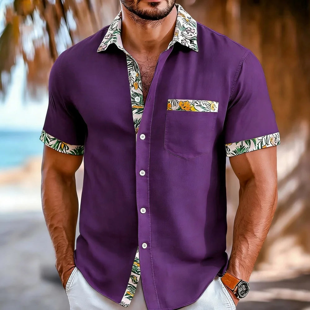Men's Plus Size Short Sleeve Lapel Shirt with Patchwork Pocket 10 Color Printed Fashionable Designer Comfortable Shirt