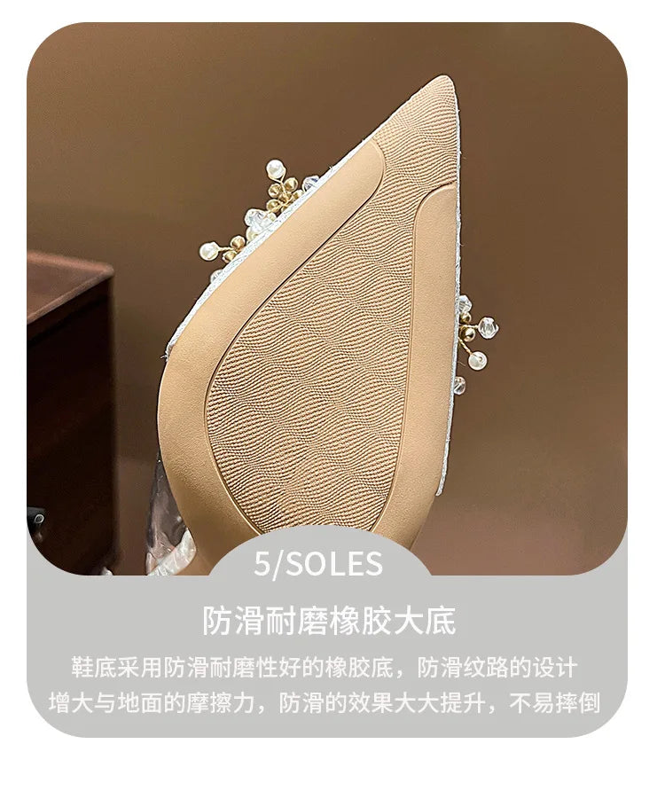 French Bride Gold Wedding Shoes spring women Thin Heel Pointed Shallow Mouth Flower Rhinodrill High Heels  Fashion Sandals