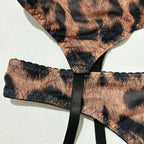 5Pcs Leopard Lingerie Set With Garter Belt Stockings Gloves Mesh Bra and Panty Set Strappy Underwear Erotic Costume For Women