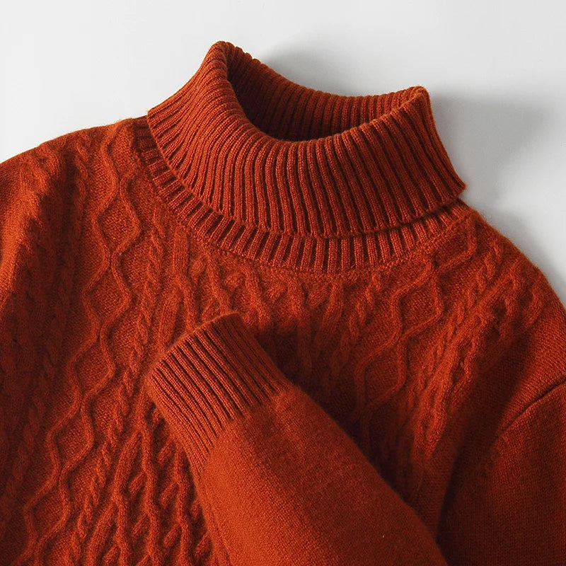 Fall/Winter 100% Wool Men's Turtleneck Thicken Sweater Jacquard Solid Cashmere Knitted Bottom Shirt