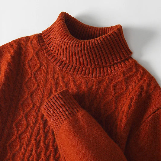 Fall/Winter 100% Wool Men's Turtleneck Thicken Sweater Jacquard Solid Cashmere Knitted Bottom Shirt