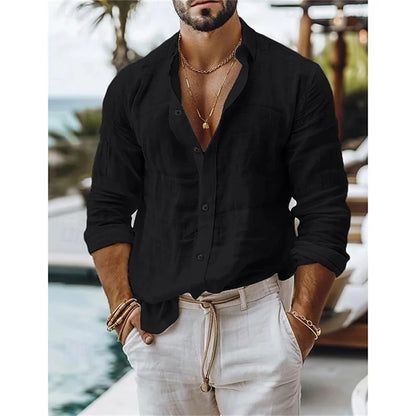 Men's linen shirt, summer shirt, cotton-linen blend button shirt, solid color vacation casual shirt, blue, white, black, pink