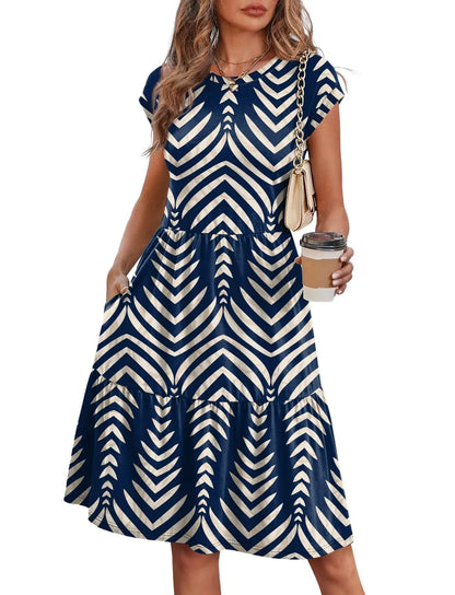 Women Cap Sleeve Casual Tiered Swing Dress Floral Print Summer Beach Vacation Dress
