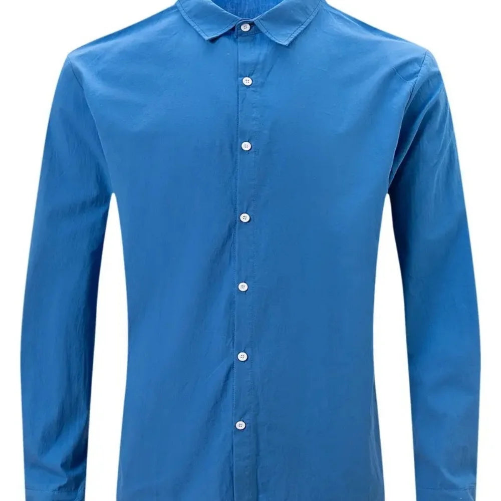 New Men's Shirt Cotton linen Fashion Casual Polo Neck Beach Shirt Long Sleeve Solid Hawaiian Holiday Shirts