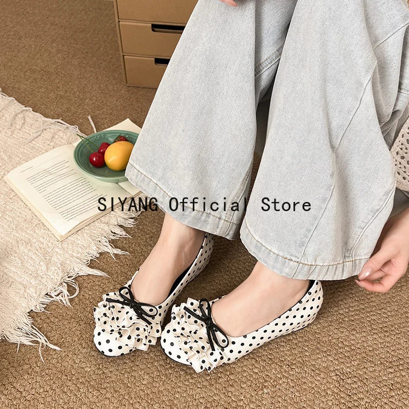 Polka Dot Mary Jane Shoes Women Sweet Ruffle Internal Elevation Shoes Ladies Soft Sole Slip On Daily Comfort Dress Footwear