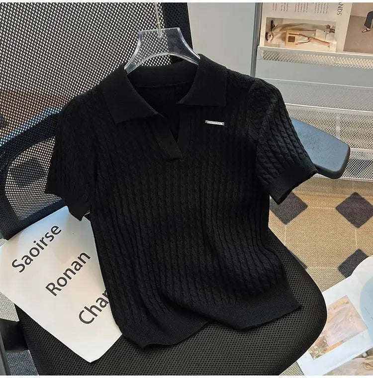 Summer Women's Polo-neck Short-sleeved Shirt Ice Silk Twist Stripe Knitting T-Shirt Thread Loose Minimalist Lapel Pullover Tees