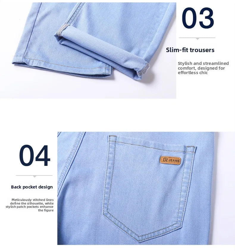 2026 Spring Summer 70% Lyocell Jeans Regular Fit Straight Ice Silk Style Business Casual Light Blue Stretch Cotton Denim