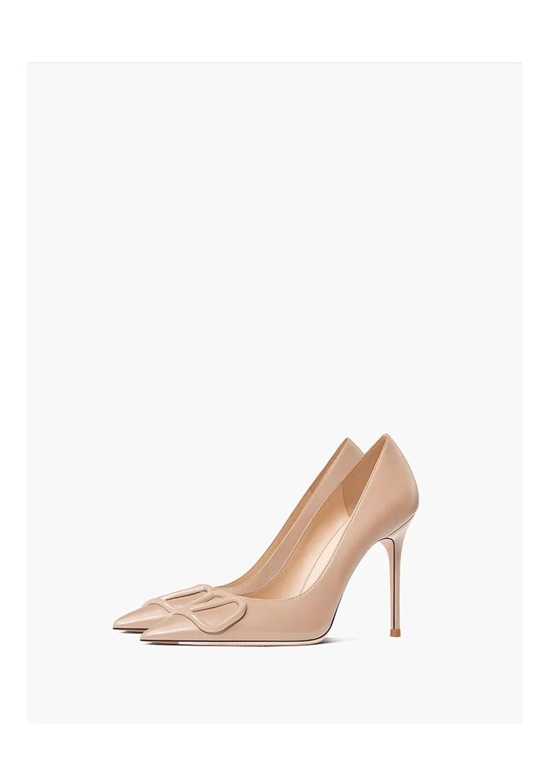 women fashon pumps with V buckle nude high heels with matte finish comfortable soft stilettos for dress