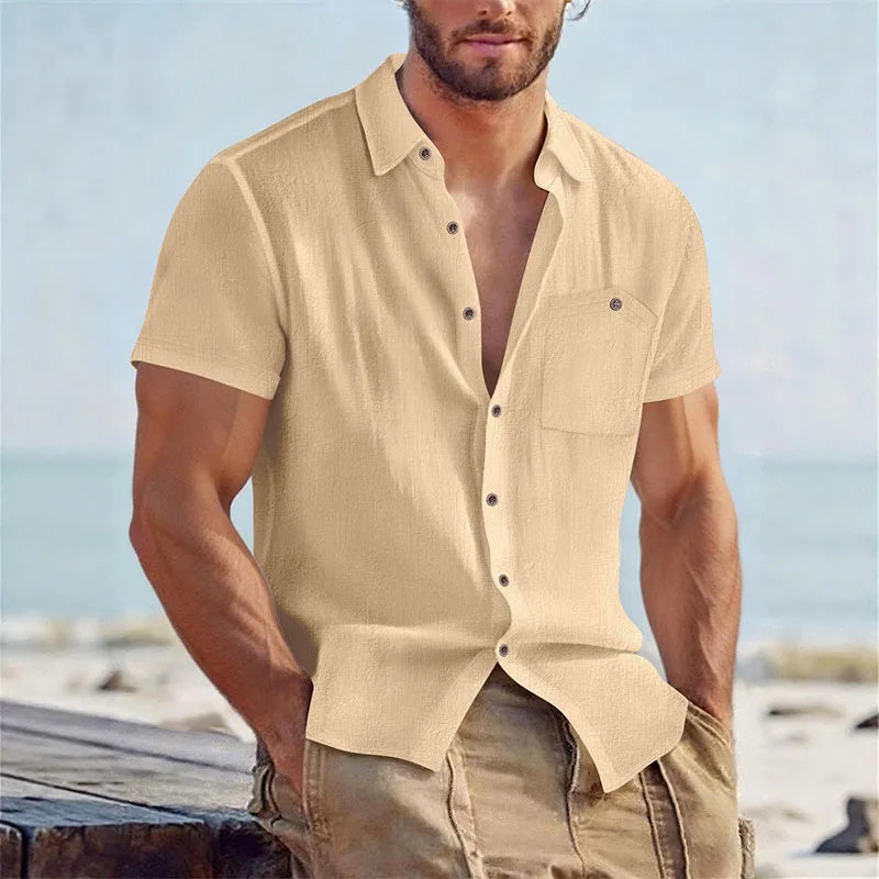 Men's Linen Blend Short Sleeve Button Down Shirt Casual Beach Top with Chest Pocket Breathable Lightweight Summer Shirts for Men