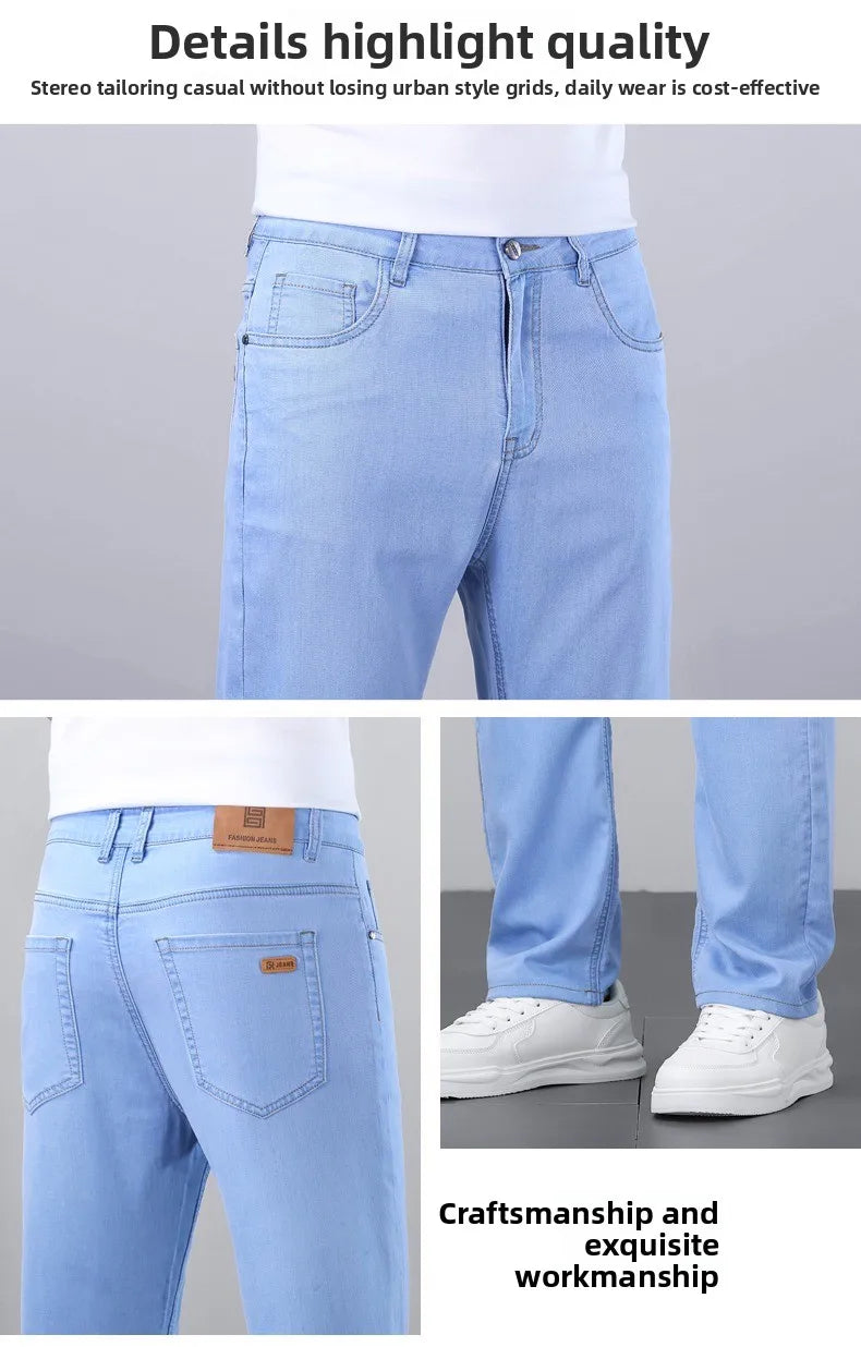 2026 Spring Summer 70% Lyocell Jeans Regular Fit Straight Ice Silk Style Business Casual Light Blue Stretch Cotton Denim