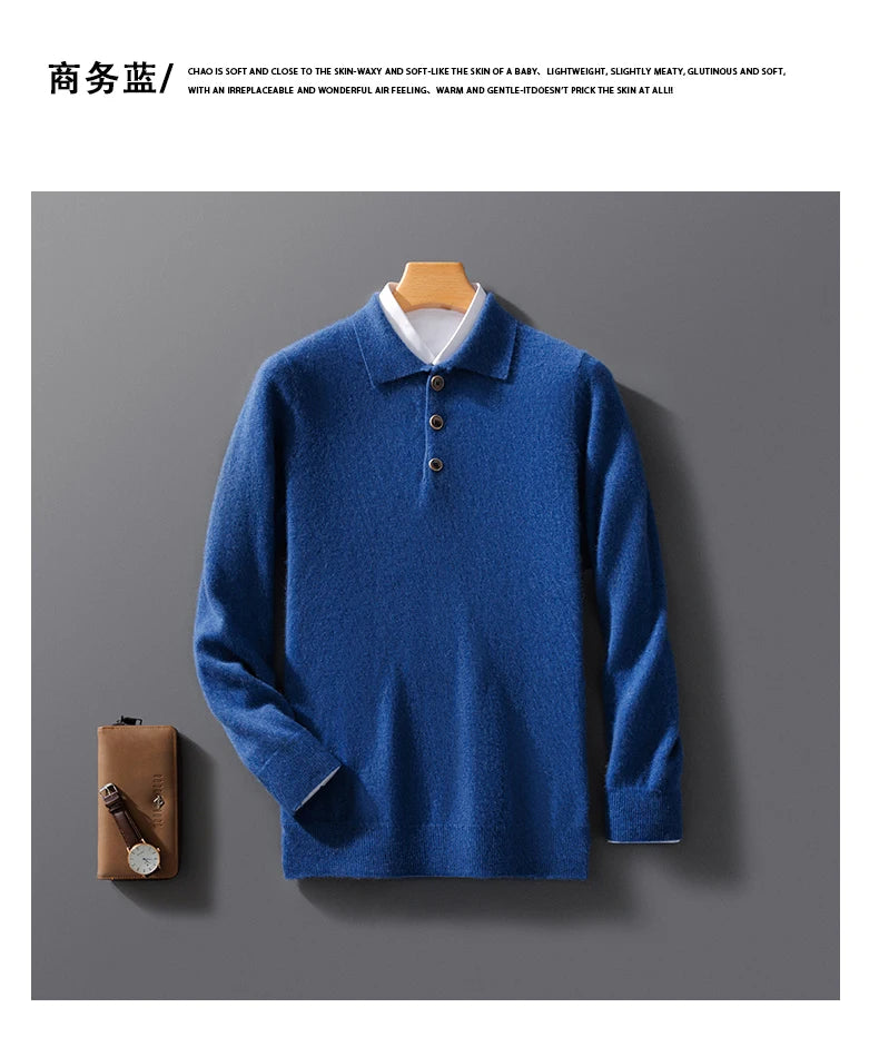Autumn And Winter New 100 Pure Wool Sweater Men's POLO Collar Button Loose Pullover Sweater Cashmere Knitted Bottoming Shirt
