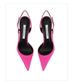 Rose red satin back tripe buckle sandals for women's new style slim heel and sexy European and American style single shoes