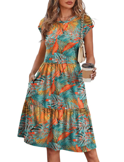 Women Cap Sleeve Casual Tiered Swing Dress Floral Print Summer Beach Vacation Dress