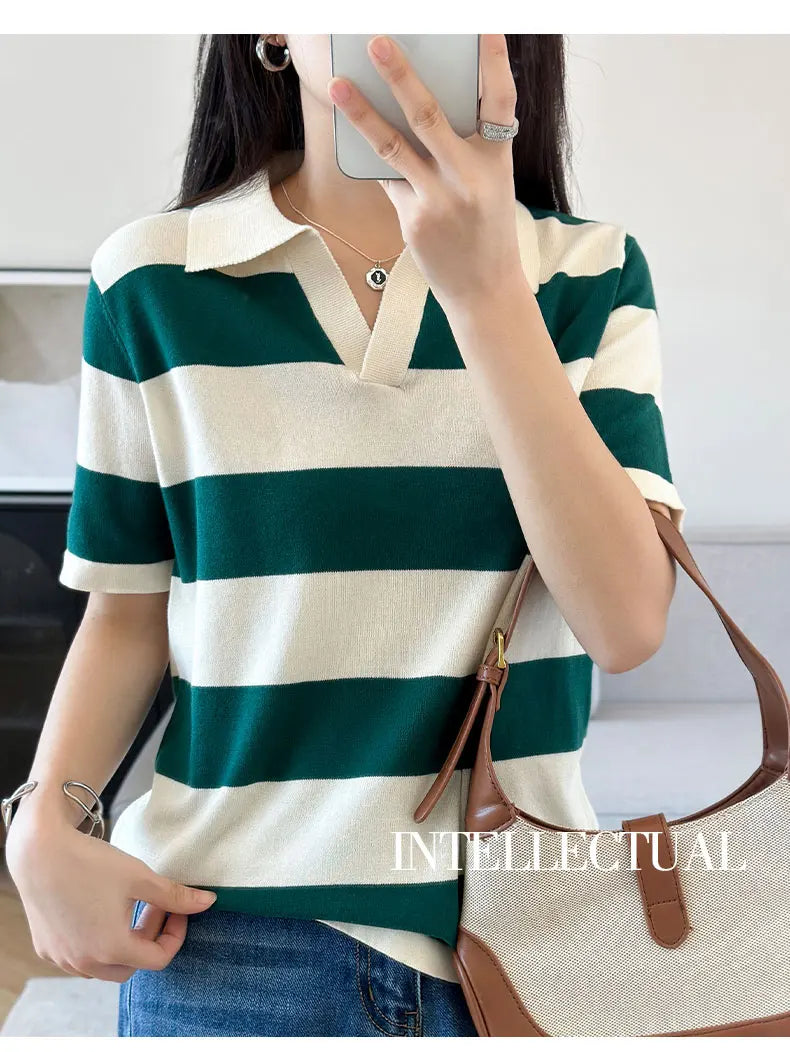WinvyNee Summer Half Sleeved Women's Solid Polo Shirt Casual Cotton Striped Top T-shirt Women Clothing Casual Knitted A1002022