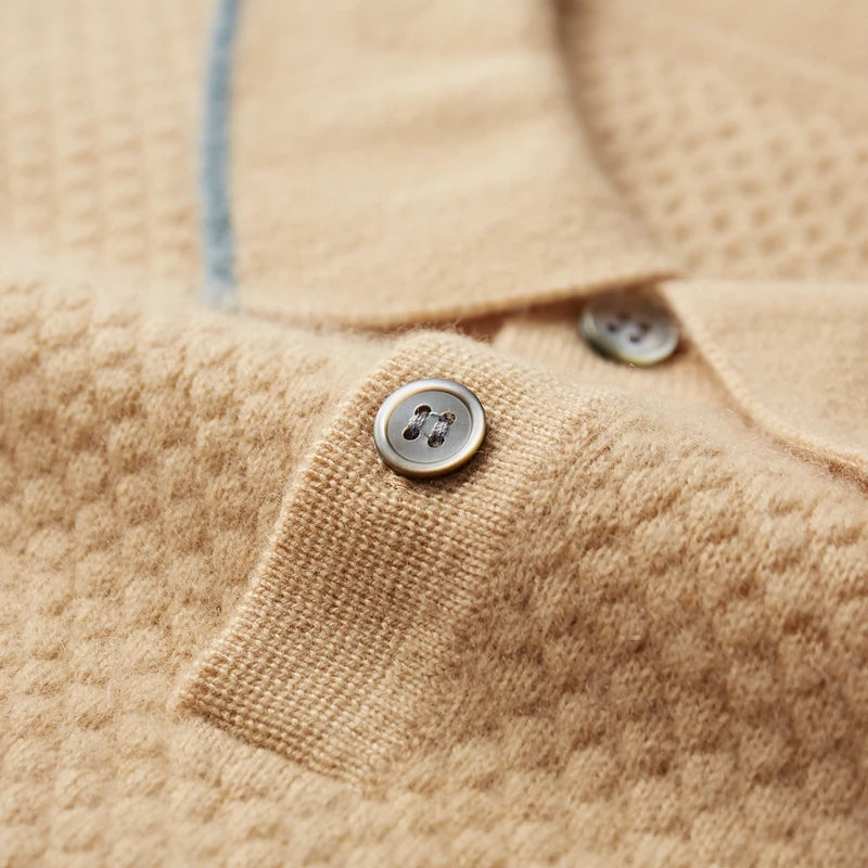 ZOCEPT 100% Cashmere Short Sleeve Sweater Autumn Winter New Casual Business Knitted Button-up Polo Collar Pullover for Men