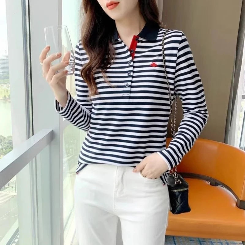 Korean Slimming Polo T-Shirt Women 95% Cotton Loose Fit Long Sleeve Streetwear for Autumn Winter Casual Outfits