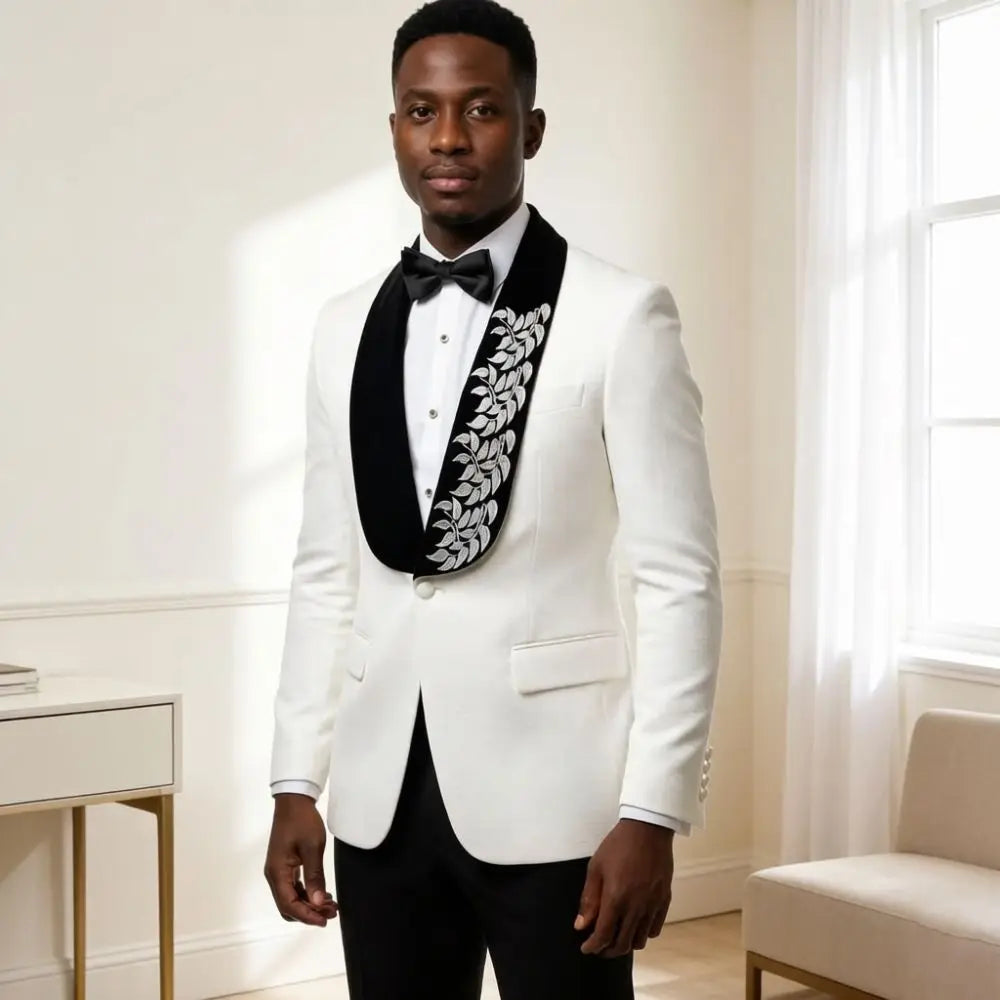 Formal Suits for Men with Leaves Details Slim Fit 2 Pieces Wedding Tuxedo Mix Match Black Velvet Shawl Lapel Separates Groom