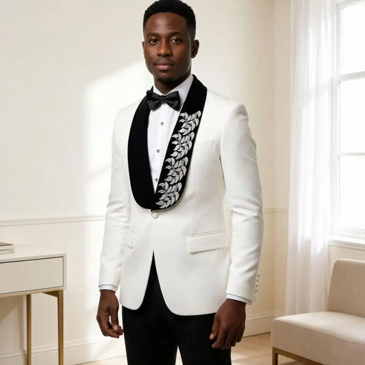 Formal Suits for Men with Leaves Details Slim Fit 2 Pieces Wedding Tuxedo Mix Match Black Velvet Shawl Lapel Separates Groom