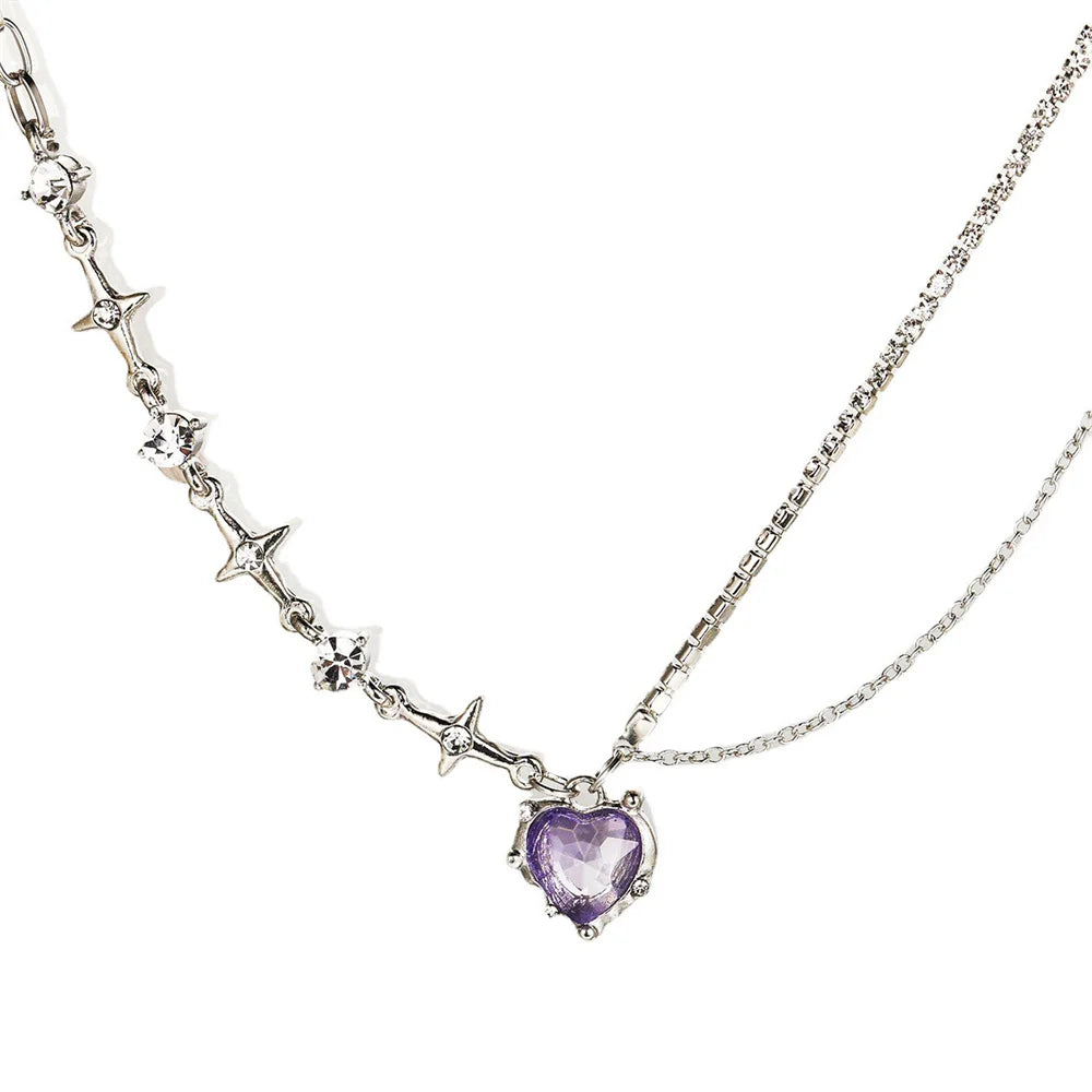 SUMENG 2024 Purple Pink Black Crystal Heart Pendant Necklace Sweet Cool Girl Punk Clavicle Chain For Women Fashion Jewelry Gifts