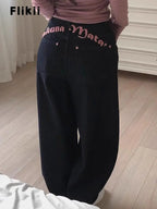 Women's Sweet Casual Full Length Baggy Denim Trouser Retro Emo Harajuku Loose Jeans Letter Embroidery High Waist Y2K 2000s Pants