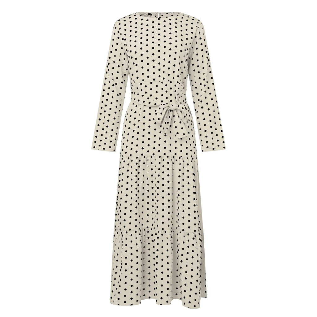 Polka Dot Muslim Dress Ruffle Belted Waist Women'S Dresses Long Sleeve Button Down Abaya Casual Vestidos Kaftan Dubai Long Robe