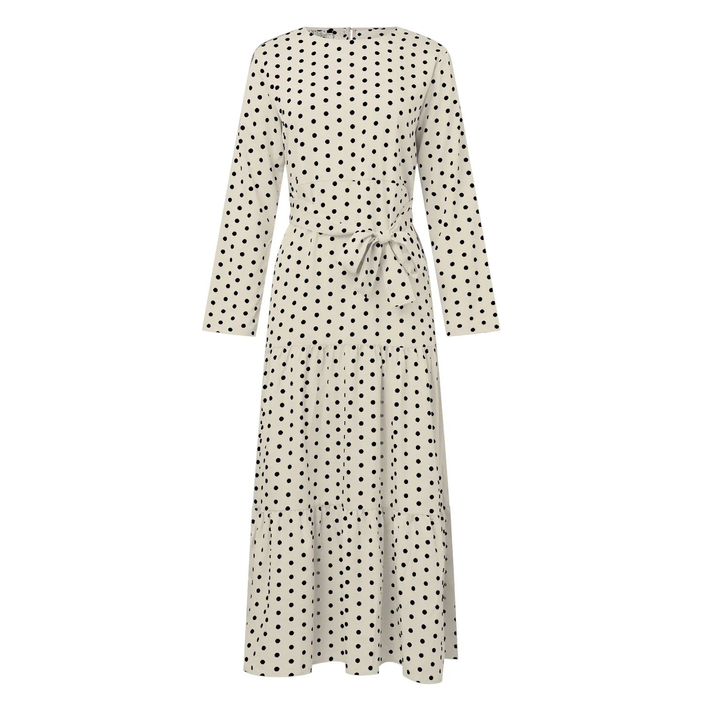 Polka Dot Muslim Dress Ruffle Belted Waist Women'S Dresses Long Sleeve Button Down Abaya Casual Vestidos Kaftan Dubai Long Robe