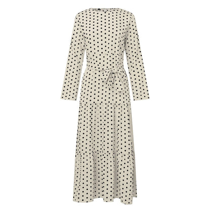 Polka Dot Muslim Dress Ruffle Belted Waist Women'S Dresses Long Sleeve Button Down Abaya Casual Vestidos Kaftan Dubai Long Robe