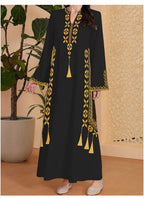 Fashion Muslim Women's Printed V-neck Robe 2025 Autumn V-neck Long Sleeve Arab Ethnic Style Printed Maxi Dress For Women Elegant
