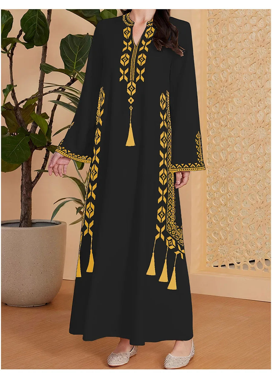 Fashion Muslim Women's Printed V-neck Robe 2025 Autumn V-neck Long Sleeve Arab Ethnic Style Printed Maxi Dress For Women Elegant