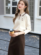 I BELIEVE YOU Polo Neck Long Sleeved T-shirt for Women Autumn 2025 Apricot Casual Tees Contrast Color Embroidery Top 2253016181