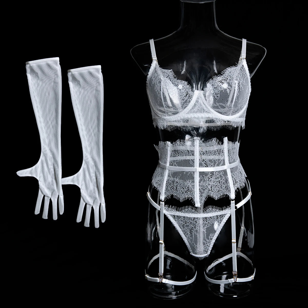 New Eyelash Lace 5-Piece Lingerie Set for Women with Underwire Bra Waistband  Garter Belt Leg Rings Gloves Sexy Comfortable