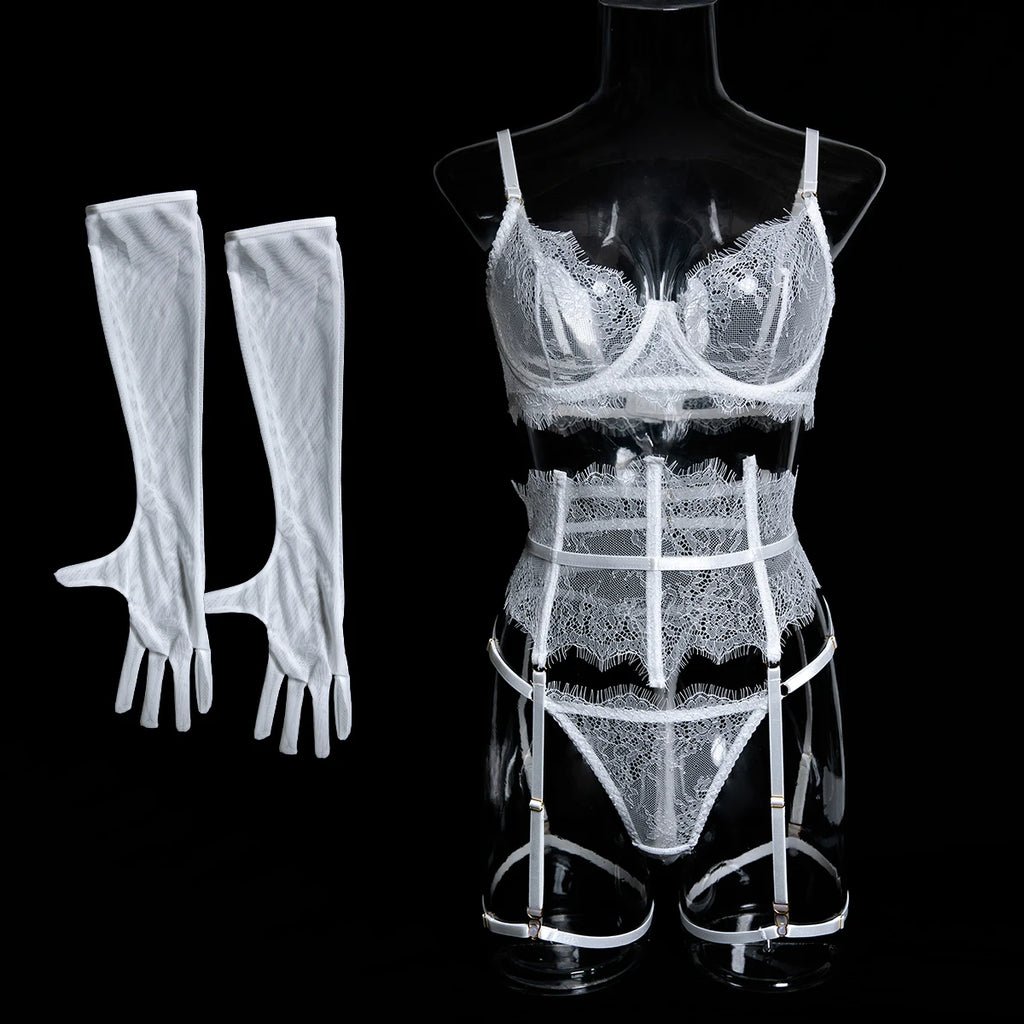 New Eyelash Lace 5-Piece Lingerie Set for Women with Underwire Bra Waistband  Garter Belt Leg Rings Gloves Sexy Comfortable