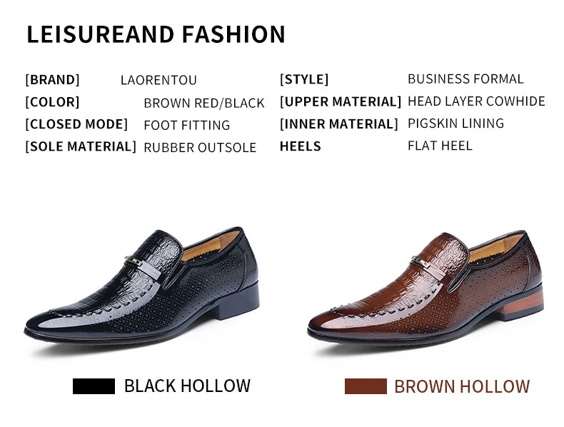 LAORENTOU true cowhide breathable perforated leather shoes with pointed tips, British business dress perforated leather sandals