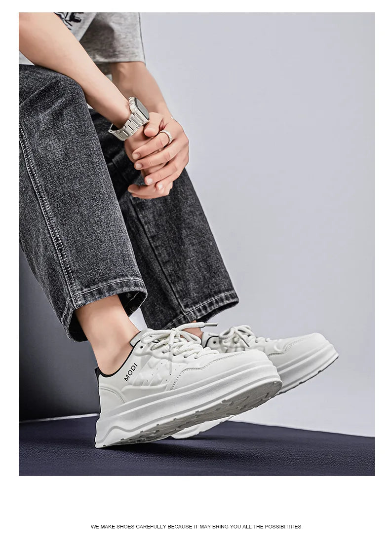 2026 Summer Men's White Platform Sneakers Leather Casual Shoes Thick Sole Streetwear Trendy Footwear