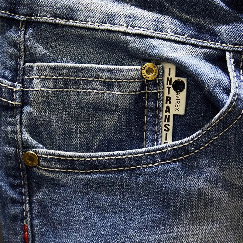 American Elastic Straight Jeans Men Ripped Worn-out Slim-fit Cotton Denim Pants Korean Style Fashion Blue Black Men's Clothing