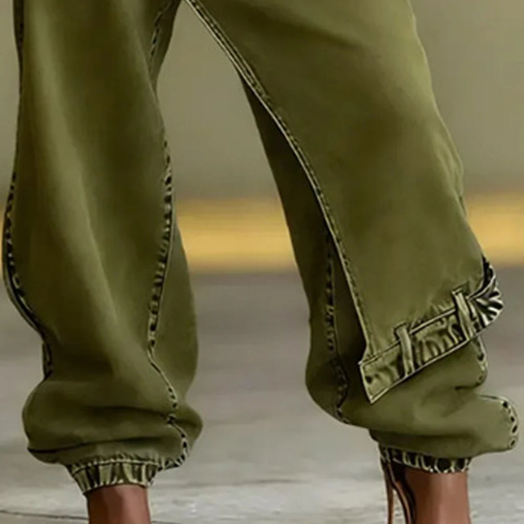 Women's Vintage Asymmetric Overlay Patch Jeans High Waist Washed Denim Jogger Pants Loose Wide Leg Streetwear Casual Trousers