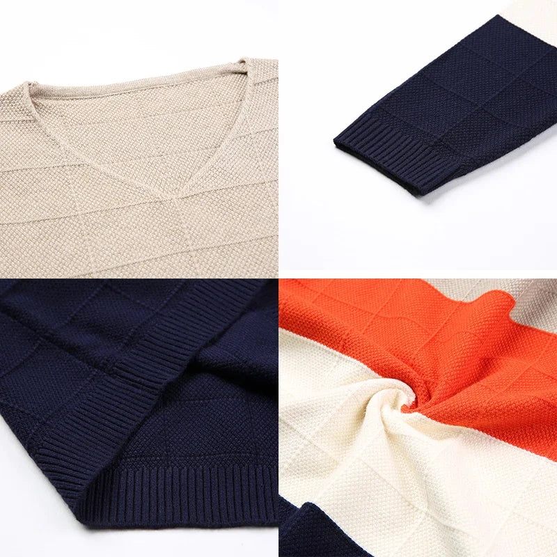 BROWON Brand-sweater Autumn Men's Long Sleeve Slim Sweaters New V-neck Fit Sweater Striped Bottom Sweaters Large Size M-4XL
