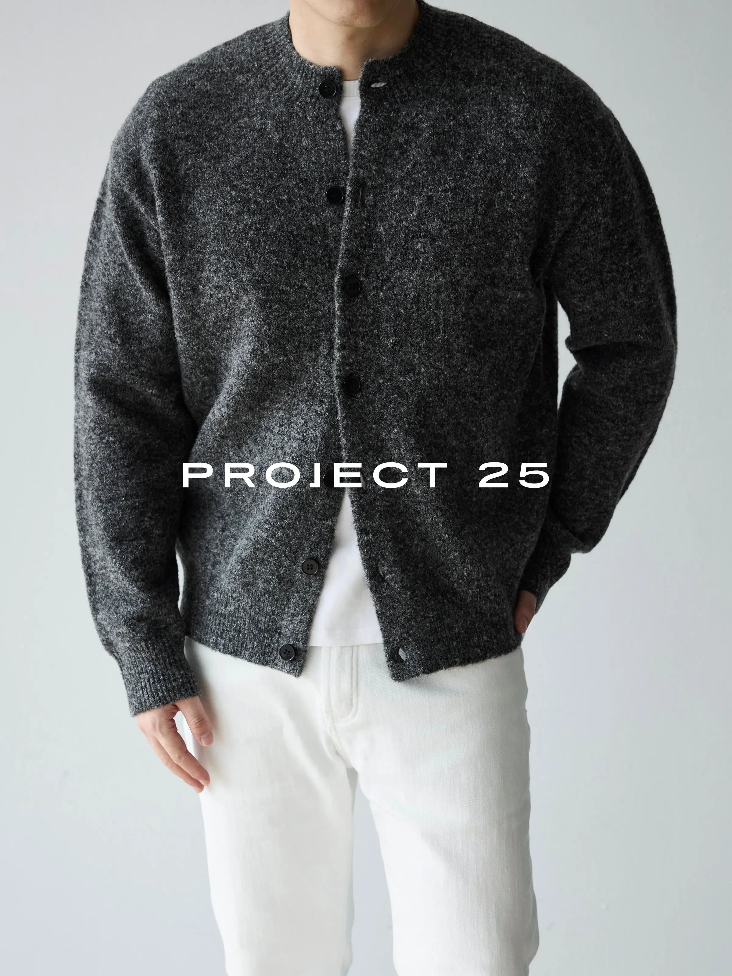 PROJECT 25 Men's Vintage Melange Wool Cropped Button-Down Cardigan – Relaxed Fit Heathered Knit Sweater