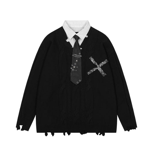 Harajuku False Two Shirt Sweaters Mens Necktie Damaged Ripped Dress Sweater Autumn Loose Casual Color Block Pullover Y2k