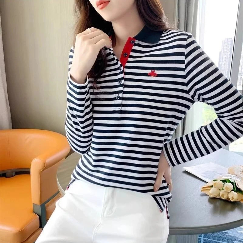 Korean Slimming Polo T-Shirt Women 95% Cotton Loose Fit Long Sleeve Streetwear for Autumn Winter Casual Outfits