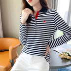 Korean Slimming Polo T-Shirt Women 95% Cotton Loose Fit Long Sleeve Streetwear for Autumn Winter Casual Outfits