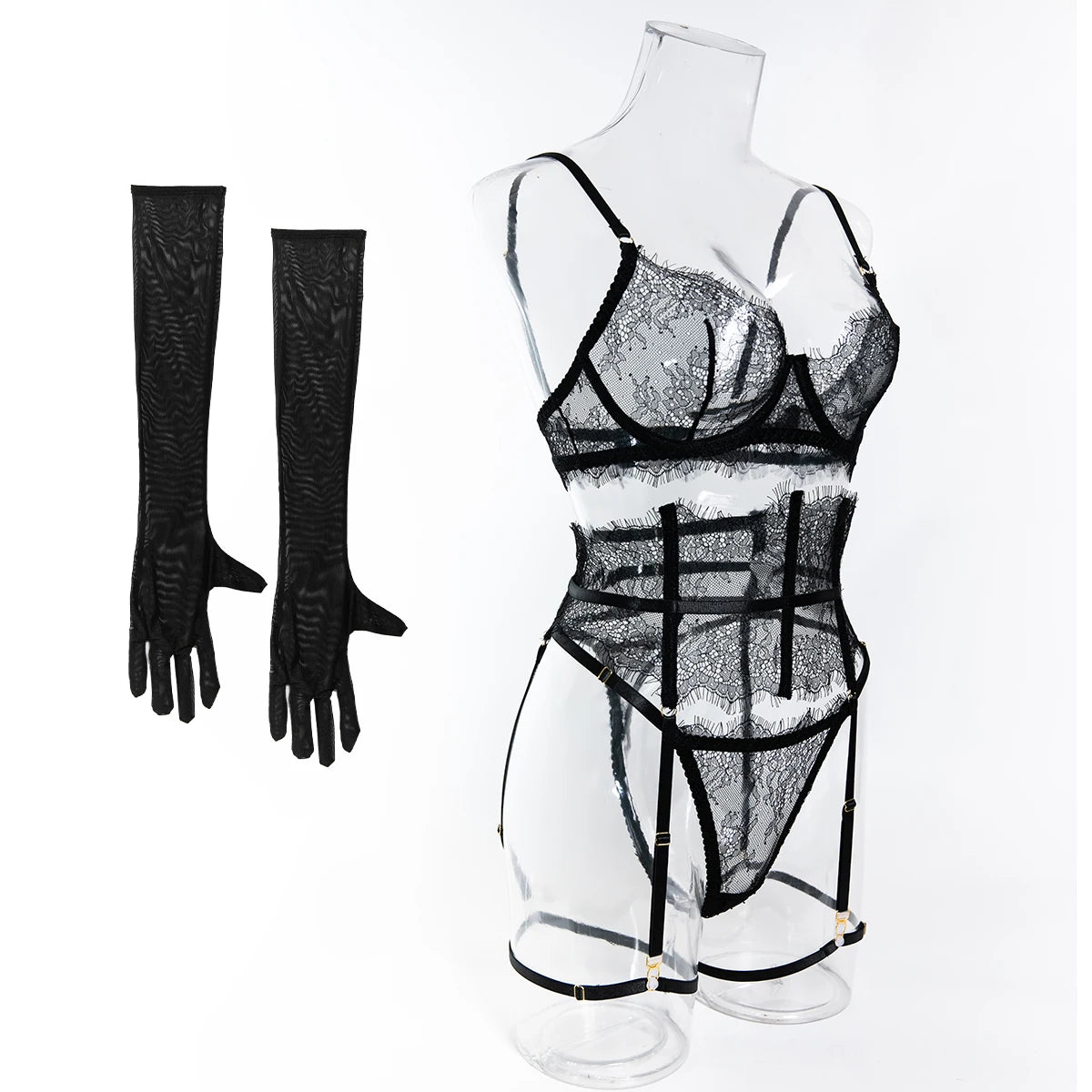 New Eyelash Lace 5-Piece Lingerie Set for Women with Underwire Bra Waistband  Garter Belt Leg Rings Gloves Sexy Comfortable