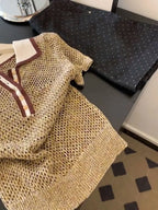 Vintage 2000s Shiny Knit Short Sleeve Tee Women Polo Neck Summer Tops Brown Hollow out Knitwear Lady Clothes Casual T-shirt
