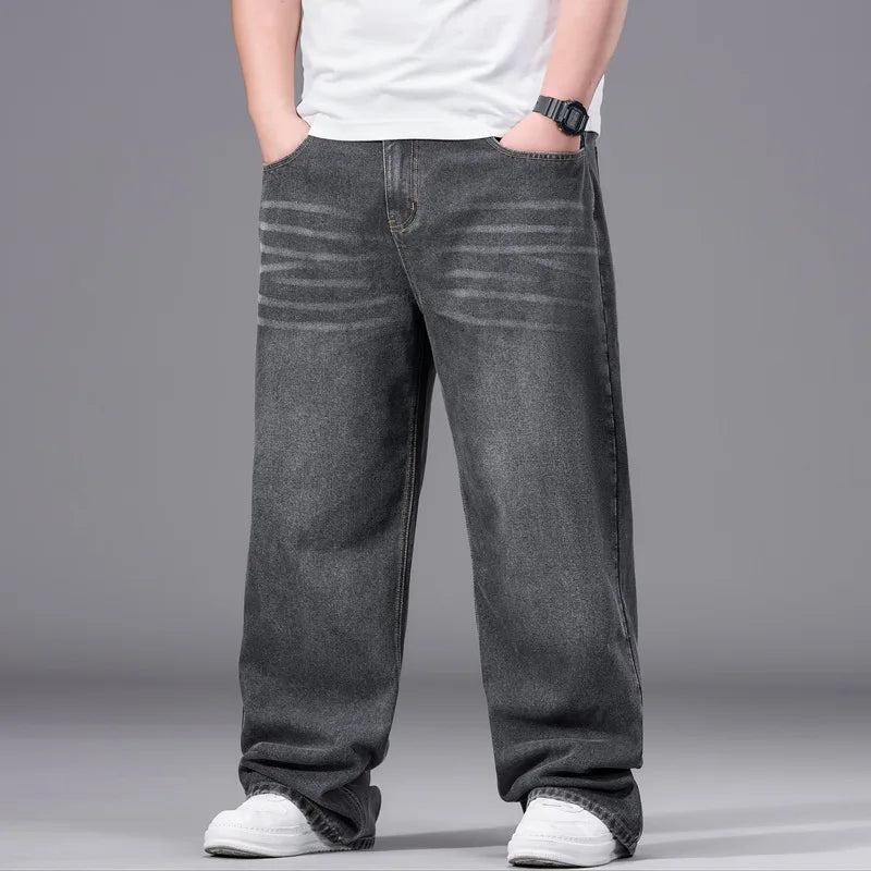 FENROOST Plus Size Men's High Waist Straight Leg Jeans Four Seasons Loose Baggy Denim Trousers Casual Versatile Long Pants New