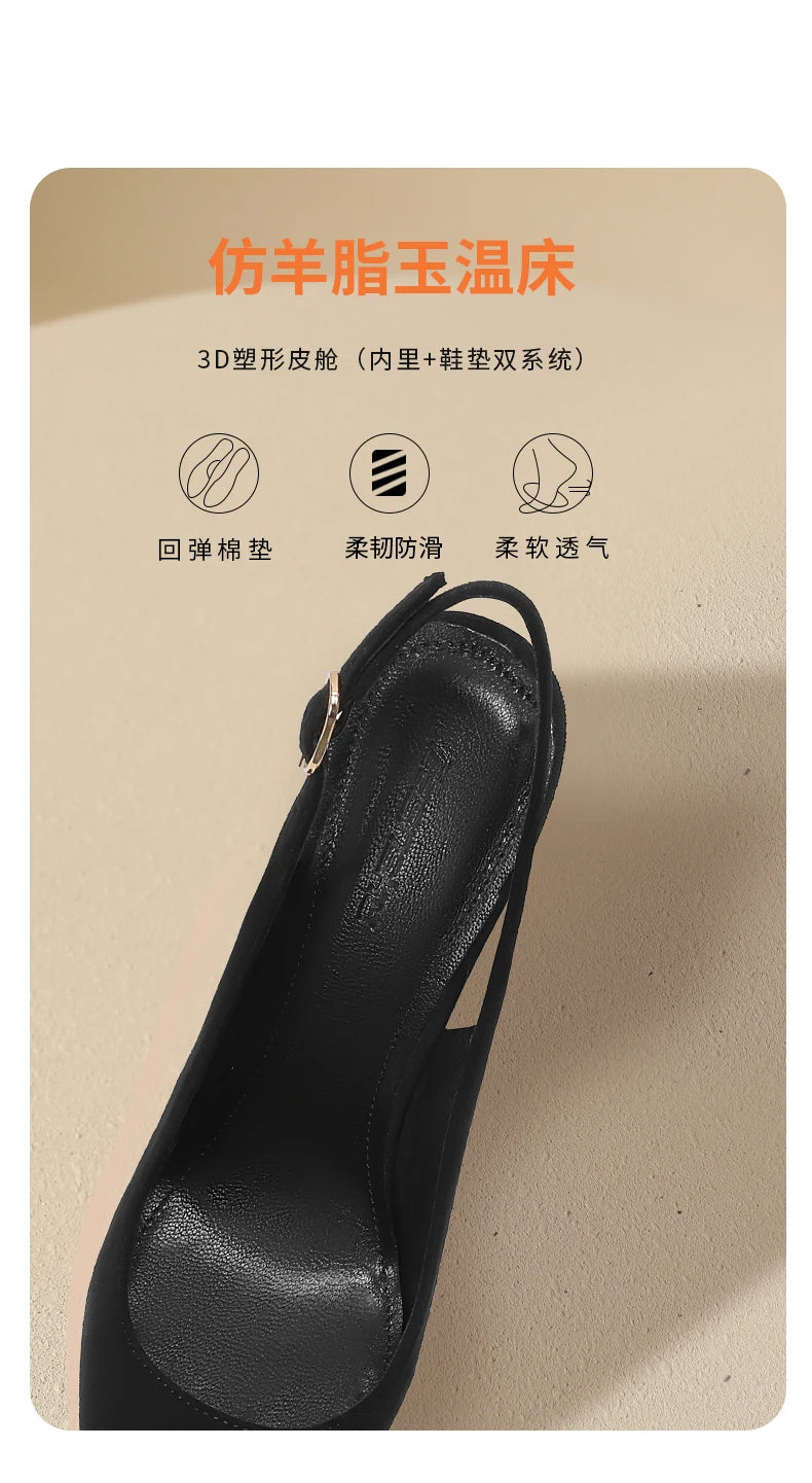 New Baotou fine heeled sandals for women, black with a buckle strap and a back strap, fashionable suede high heels