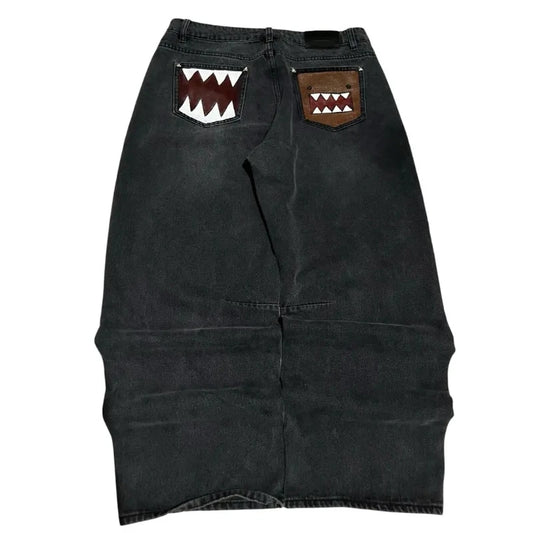 Washed Black Baggy Men Monster Tooth Embroidery Jeans Pocket Wide Leg Denim Pants Y2k Streetwear Hip Hop Loose Trousers Unisex
