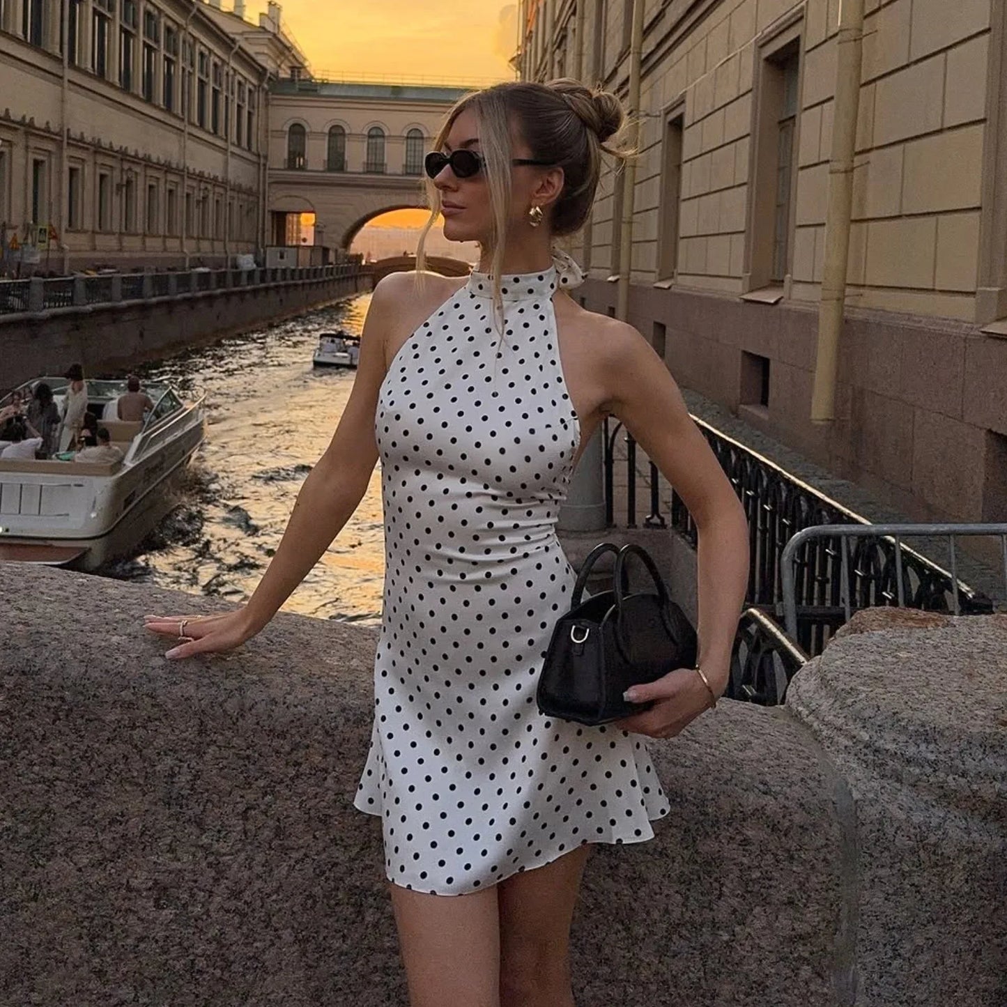 Polka Dot Elegant Off Shoulder Sleeveless Backless High Waist Halter Mini Dress Y2K Summer Fashion Club Party Vestidos