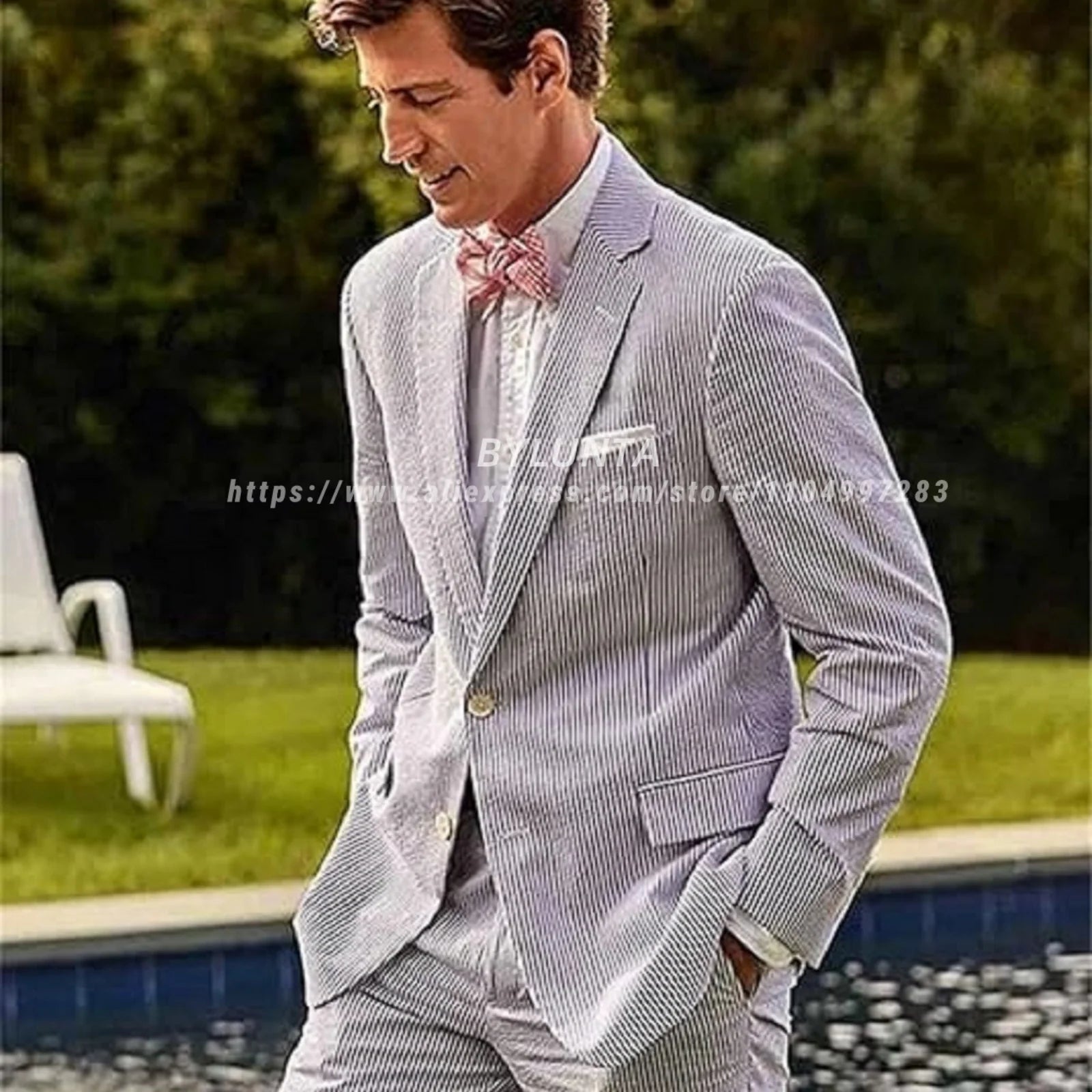 BYLUNTA Mens Suit 2 Piece Slim Fit Stripe Suits Tuxedo Blazer Jackets Pants Set Summer Beach Wedding Outfit for Mennt)