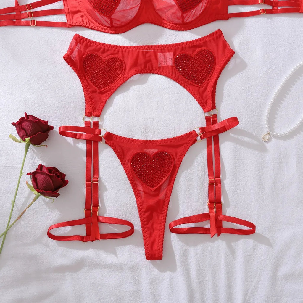 Ellolace Tempted Women's Lingerie Sets Daring Heart Rhinestone Bra Belt Thong 3PC with Choker Leg Circles Intimate Miss Outfits